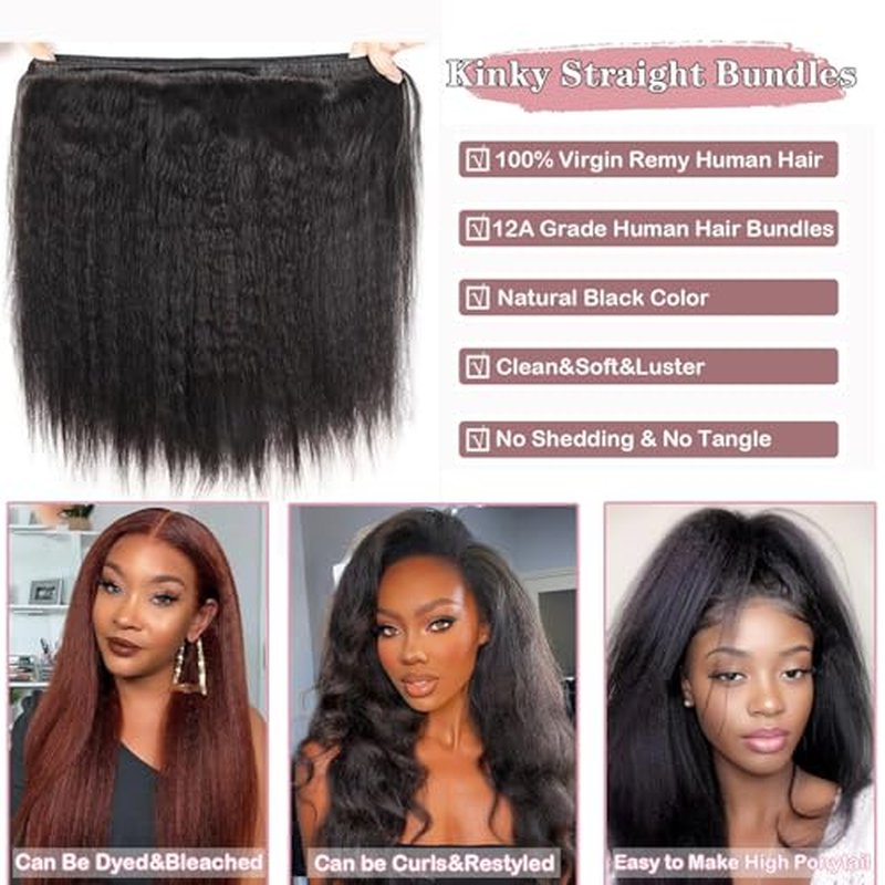 Kinky Straight Human Hair Bundles 20 22 24 Inch Yaki Straight Human Hair 3 Bundles Kinky Straight 12A 100% Unprocessed Brazilian Virgin Remy Human Hair Extension For Black Women