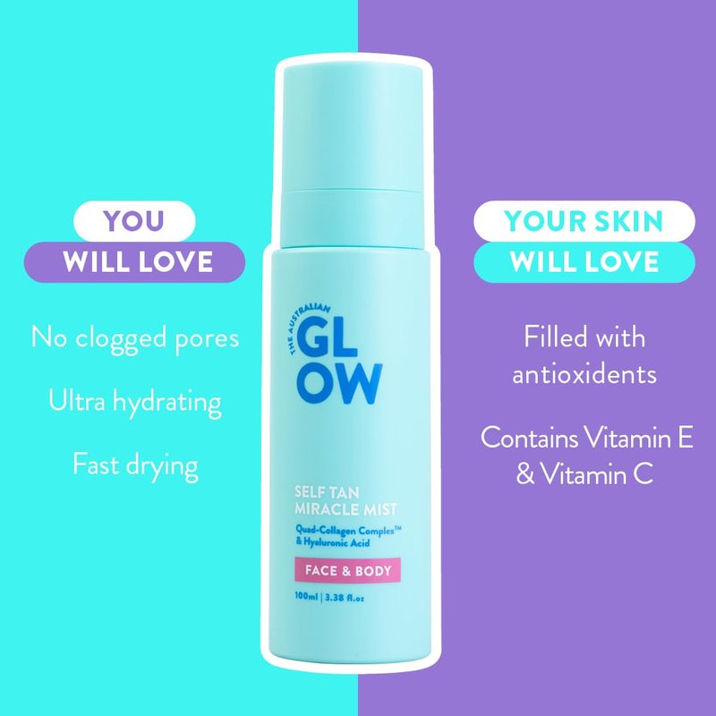 Australian Glow Miracle Mist, Self Tanner for Face & Body w/Quad-Collagen Complex & Hyaluronic Acid, 3.38 fl. oz / 100ml