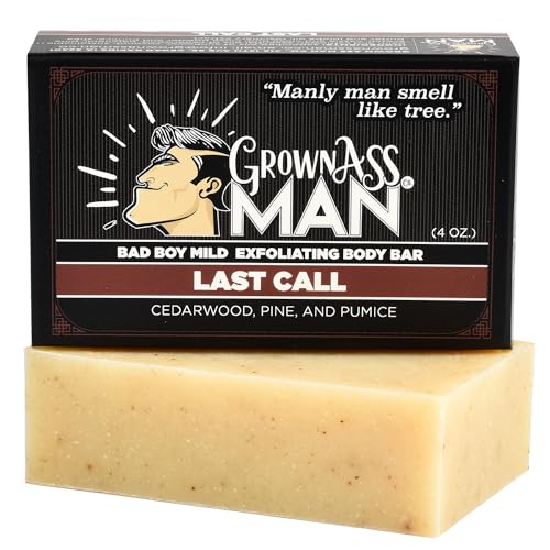 Grown Ass Man Co. Exfoliating Body Bars - Solid Soap with Natural Oils & Gentle Scrub - Plastic Free & Eco-Friendly, Natural & Organic for All Skin Types, 4oz Bar - Last Call - Mild Exfoliant, 6-Pack