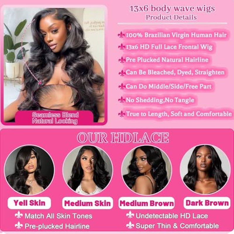13x6 Lace Front Wigs Human Hair Pre Plucked, 180% Density Body Wave HD Transparent Lace Frontal Wigs with Baby Hair for Women, Glueless Wig, Natural Black, 26 Inch