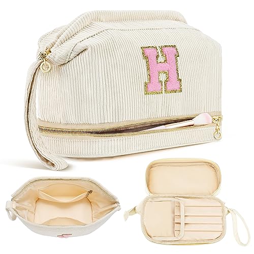 Makeup Bag for Girls Gift, Personalized Christmas Gifts Initial Women Makeup Bag for Travel, Double Layer Cosmetic Bag with Brush Organizer Preppy Make up Bag for Teen Girl Trendy - H