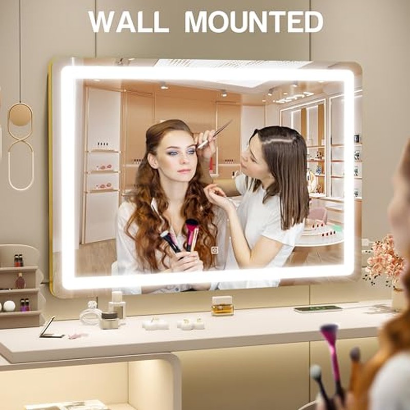 ROLOVE Gold Vanity Mirror with Lights, 32" x 22" Large Lighted Vanity Mirror with Dimmable 3 Modes, LED Makeup Mirror, USB Charging Port, Tabletop or Wall-Mounted