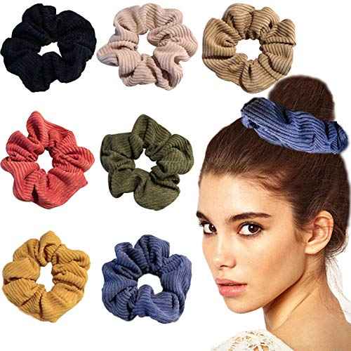 Vintage Elastic Hair Scrunchies for Girls Women Corduroy Hair Elastics Ties Ponytail Holders Solid Color Hair Bands Set Headwear Hair Accessories,7 Pcs