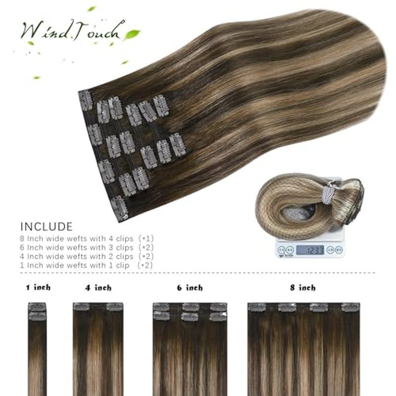 WindTouch Clip in Hair Extensions Ombre Medium Brown to Caramel Blonde Balayage Clip in Hair Extensions Real Human Hair 16Inch 7Pcs 120g