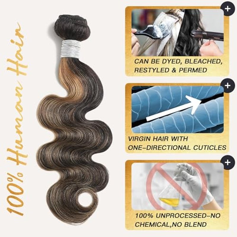 Honey Blonde Bundles Human Hair Highlighted Black and Blonde Bundles Body Wave Balayage Colored 12A 100% Brazilian Virgin Remy Human Hair 1b/27 Ombre Loose Wavy Sew In Weave 14 16 18 Inch