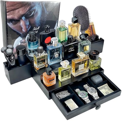 Classic Wooden Cologne Organizer for Men 3 Tier Black | High Grade Velvet Lining and Stylish Gift Box | Uncluttered Design Perfume Display Stand Gift Idea | SELUM