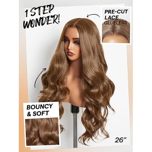 GORGIUS Chestnut Brown Loose Wavy Lace Front Wig Glueless Pre Plucked Middle Part Long Synthetic Wig For Women 28 Inch