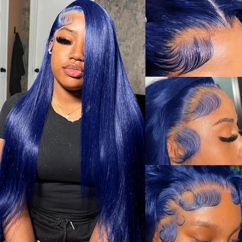 Blue Lace Front Wigs Human Hair 26 Inch Straight 13x4 HD Transparent Dark Blue Lace Front Wig Human Hair Wear and Go Glueless Wig Pre Plucked with Babyhair Colored HD Lace Frontal Wigs For Black Women
