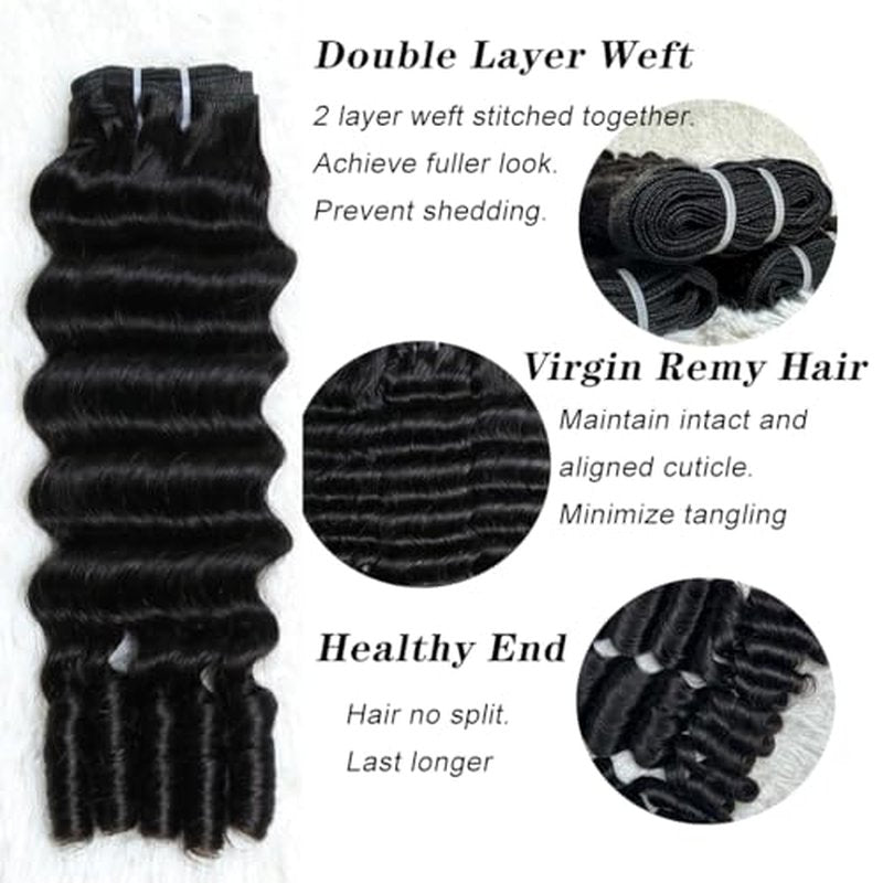 SWEETGIRL Deep Wave Human Hair Bundles Burmese Curly Bundles Human Hair Quick Weave with Spiral End Sew in Hair Extensions, Real Virgin Remy Hair, 16 18 20 Inches, Natural Color