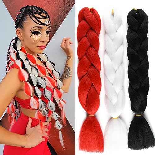 Alileona Jumbo Braiding Hair Extension 24inch Jumbo Box Braiding Hair Synthetic Fiber for Twist Braiding Hair, Bubble Braids Hair Extensions 3 Bundles/Lot (Red-White-Black)