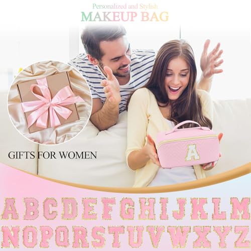 Makeup Bag Travel Toiletry Bag, Personalized Initial Pink Makeup Bag, Gift for Women Gils, Large Capacity Leather Cosmetic Bags, Waterproof Open Flat Organizer for Christmas, Halloween & Thanksgiving