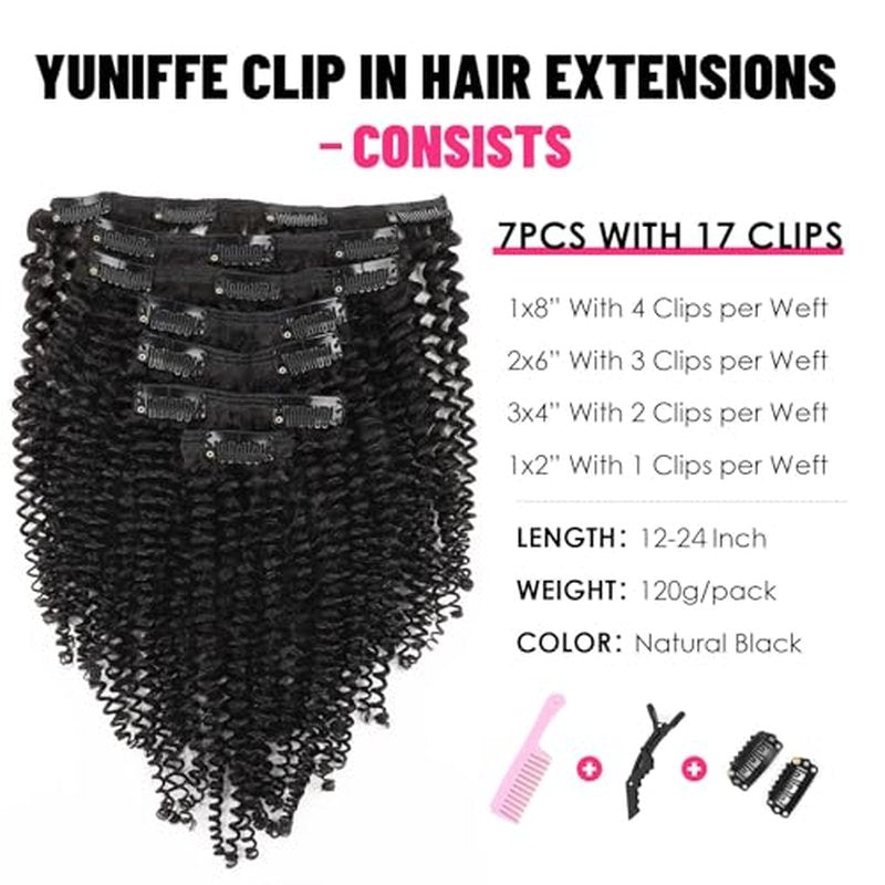 Kinky Curly Clip in Hair Extensions for Women 3C 4A Kinky Curly Clip ins 7Pcs 120g Remy Human Hair Clip in Hair Extensions Double Weft Natural Black 24 Inch