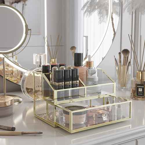 FSyueyun Makeup Organizer for Vanity, Clear Glass Drawer Organization and Storage Jewelry Display Case Gold Cosmetics Storage Lipstick Organizer Tray Perfumes for Bathroom Counter or Dresser