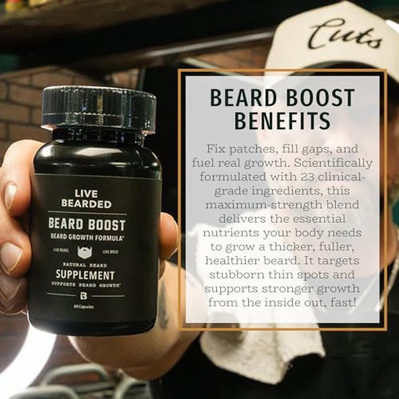 Live Bearded Beard Boost - Beard Growth Vitamins for Men with Biotin, Collagen, Silica, Fo-Ti Root - Facial Hair Growth for Men, Made in The USA | 90-Day Supply