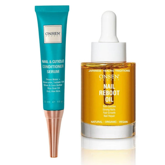 Onsen Secret Nail Reboot Duo - Treatment for Damaged Nails - Natural Nail Care & Cuticle Repair - Visible Results For Perfect Nails, Cuticle Conditioner Cream 30ml & Nail Reboot Oil 35ml