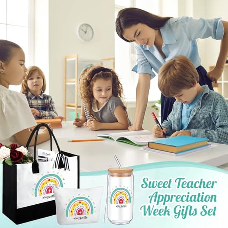 Hushee 6 Pcs Teacher Appreciation Gift for Women Include 2 Set Teacher Tote Bag Tumbler and Makeup Bag