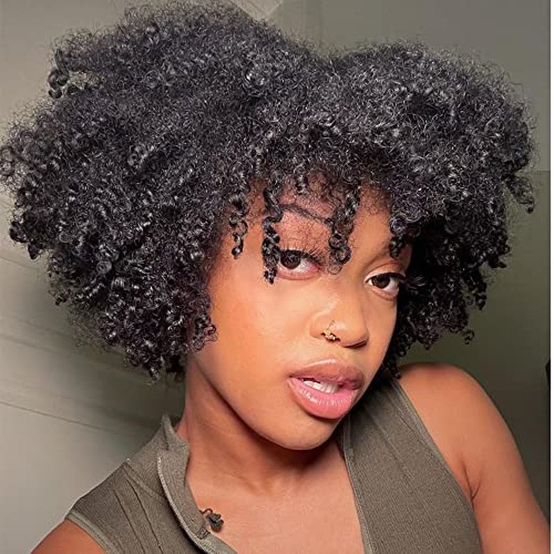 Afro Kinky Curly Wig with bangs Glueless Scalp Top Full Machine Made Human Hair Wigs for Black Women 200Density Kinky Curly Brazilian Human Hair Wig 14inch Natural Color