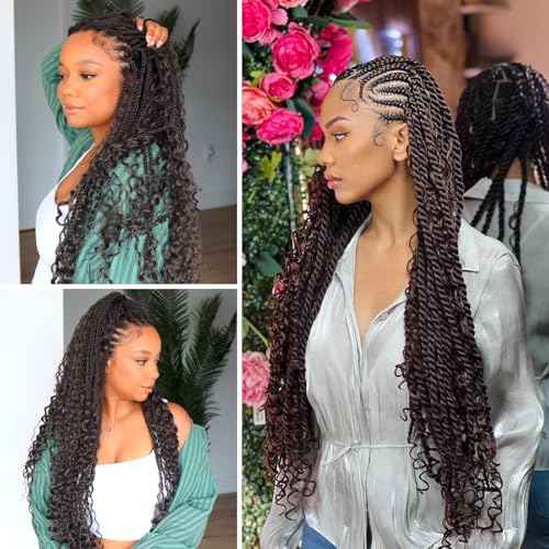 Senegalese Twist Crochet Hair For Black Women - 16 Inch Boho Island Twist Crochet Braids Hair Curly Ends 8 Packs Pre Looped Crochet Braiding Hair Extensions(1B)