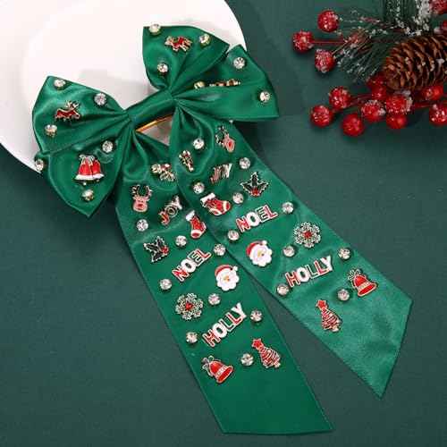 Christmas Hair Bow Clip Christmas Snowflake Tree Reindeer Santa Claus Crystal Embellished Hair Bow Barrettes Xmas Winter Holiday Big Bow Hairpin Accessories Gift (green Christmas bow)