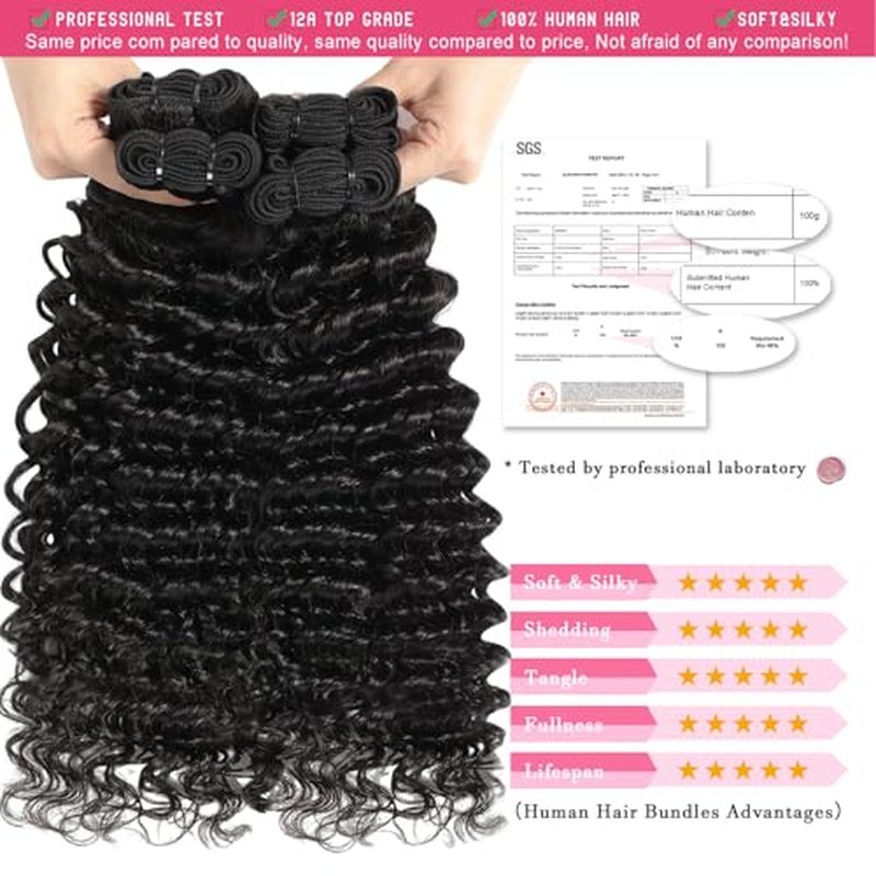 12A Deep Wave Bundles Human Hair 18 20 22 Inches, 100% Unprocessed Indian Human Hair Bundles Wet and Wavy Raw Virgin Hair Curly Weave 3 Bundles Deal (Natural Color, 18 20 22 Inches)