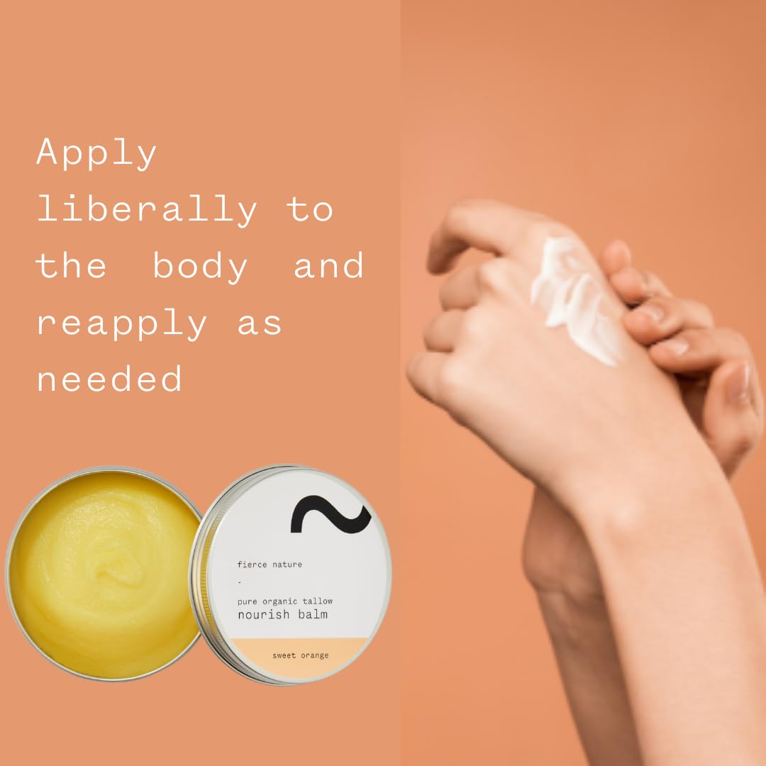 fierce nature Pure Nourish Tallow Balm | Organic, Vitamin-Rich Nourishing Body & Face Moisturizer | Natural, Essential Oil Free Skincare (Sweet Orange)