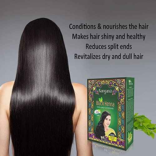 Kangana Black Henna for 100% Grey Coverage - Natural Hair Dye/Color | 6 Pouches - Total 60g (2.11 Oz)