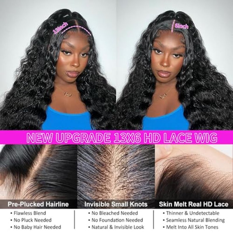 22 Inch Deep Wave Lace Front Wigs Human Hair Curly Wig Human Hair Pre Plucked 13x6 HD Real Human Hair Wig Natural Black for Women Invisilbe Hairline Tiny Knots 200 Density Longer Life