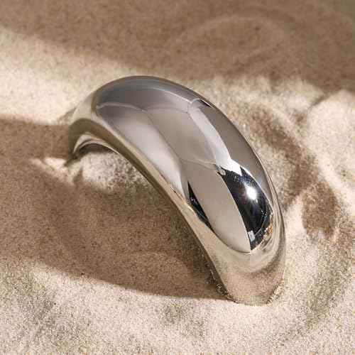 Stainless Steel Arch Hair Cuffs Hair Ties, 18K Gold Chunky Ponytail Cuff Hairties, Women Glossy Ponytail Holders Elastic Hair Bands,Geometric Gold and Silver Hair Accessories (Large Size Silver)