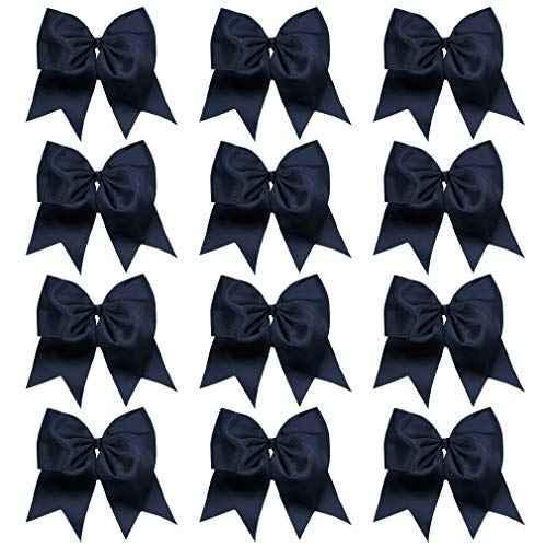 DEEKA 12PCS 8" Large Cheer Hair Bows Ponytail Holder Handmade for Teen Girls Softball Cheerleader Sports-Navy Blue