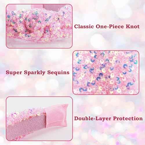 Sequin Knotted Headband for Women, Sparkly Knotted Wide Hair Bands for Girls, Glitter Fashion Iridescent Headbands Hair Accessories Fancy Outfits for Party Birthday Prom (Pink)
