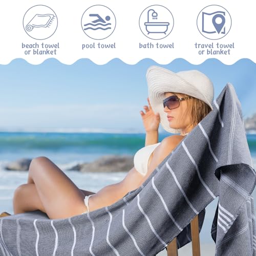 Moukeren 6 Pack Oversized Turkish Beach Towel 61 x 82 Inches Extra Large Cotton Turkish Beach Blanket Lightweight Absorbent Quick Dry Sand Proof Beach Towels for Travel Bathroom(Dark Blue)