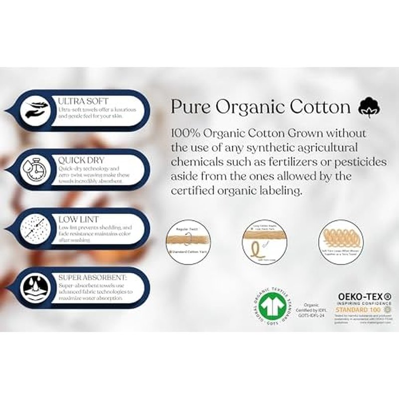 Delara 100% Organic Cotton Towels 650 GSM Plush Feather Touch Quick Dry Wash Cloth, Pack of 24 GOTS Certified, Oeko-Tex Green Certified, Organic Cotton Wash Cloth, 13"X13"