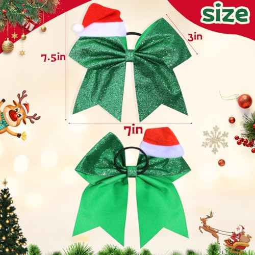4 PCS 7" Christmas Large Glitter Cheer Bows for Cheerleaders, CN Sparkly Hair Bows with Elastic Hair Ties Accessories with Christmas Santa Hat for Teens Girls Women Party (Christmas B)