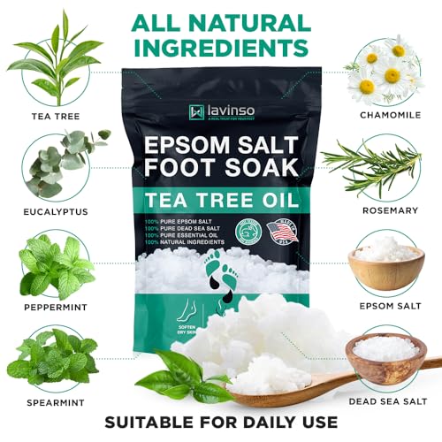 Tea Tree Oil Foot Soak with Epsom Salt - Made in USA - for Toenail Health, Athletes Foot, Stubborn Foot Odor, Softens Calluses & Soothes Sore Tired Feet - 1 LB