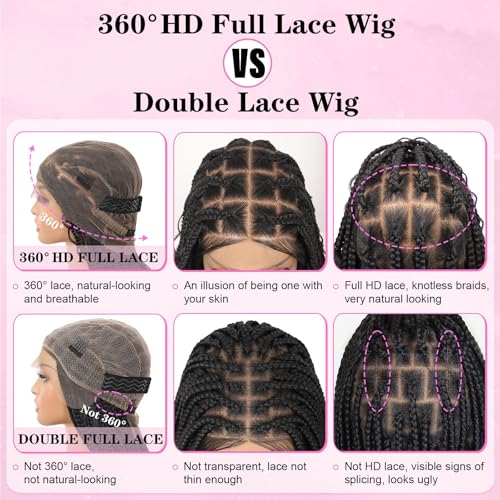 Kalyss 360¡Æ HD Full Lace Knotless Boho Braided Wigs for Women Box Braid Wig with Baby Hair Premium Synthetic Long Black Lace Front Braided Wigs (36 Inch)