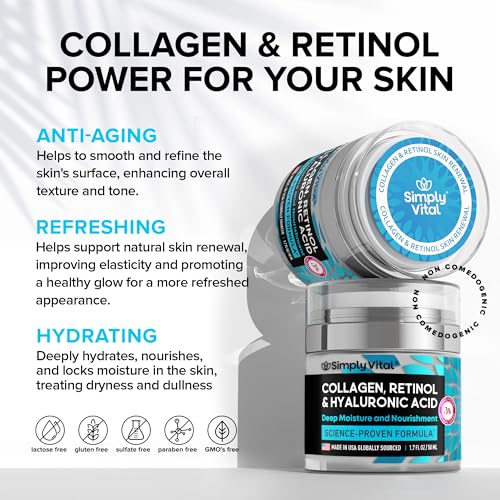 SimplyVital Anti-Aging Collagen Retinol Cream for Face, Neck & D?collet? with Hyaluronic Acid - Made in USA, Daily Collagen, Retinol & Hyaluronic Acid Cream, 2-Pack