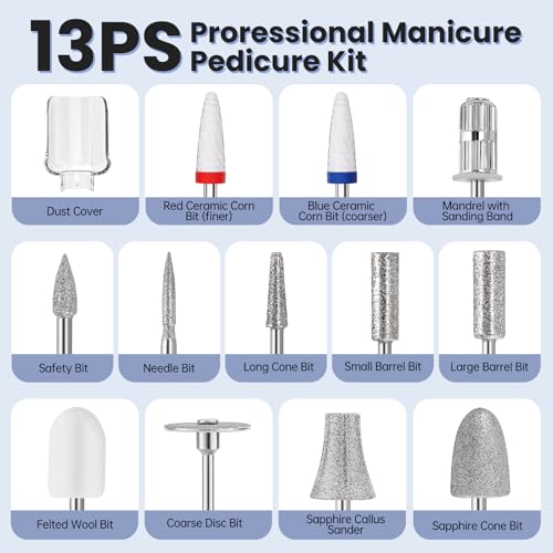 Electric Nail File Drill, Cordless 2000 mAh Rechargeable Nail Filer Electric 12 in 1 Kit Nail Grinder Tool Portable Professional Nail Dril Machine for Acrylic Manicure and Thick Toenails Grinder Care