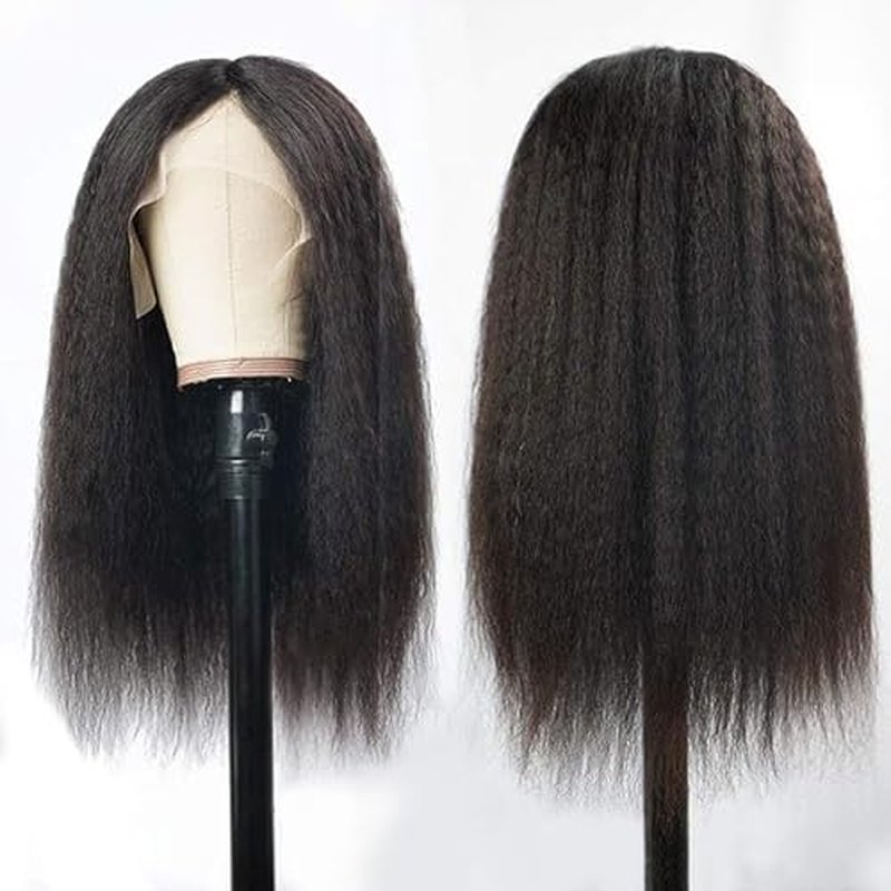 Kinky Straight Wig 16 Inch 180% Density Yaki Straight Human Hair Wig With Pre-Plucked Hairline & Adjustable Straps,Natural Black 13x4 Lace Front Wigs Human Hair For Black Women