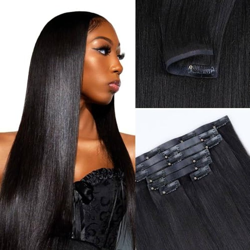 Yaki Straight Seamless Clip in Hair Extensions Remy Human Hair Extensions 1Pack 120g 7pcs Yaki Straight Clip Ins Hair Extensions Clip In Human Hair 22Inch Natural Black