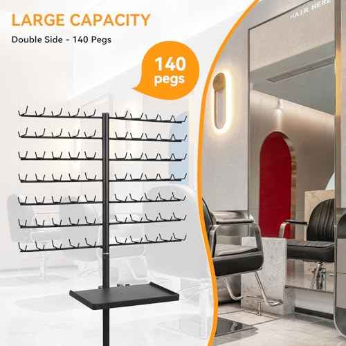 BRIAN & DANY 140-Peg Braiding Hair Rack Standing, Height Adjustable Hair Extension Holder with Salon Tray, Hair Separator Stand for Hairstylist Braiders, Black