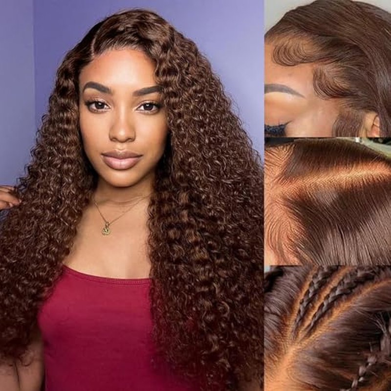Chocolate Brown Deep Wave Lace Front Wigs Human Hair 13x4#4 Curly Lace Front Wig Human Hair 180% Density HD Transparent Glueless Lace Frontal Wigs Pre Plucked 26 Inch