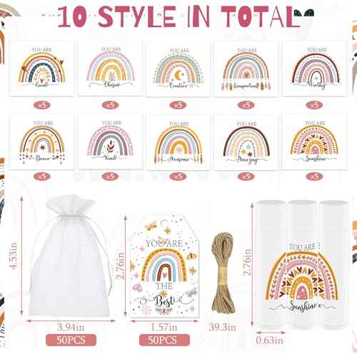 50 PCS Bohemian Rainbow Lip Balm Bulk Inspirational Words Appreciation Gift for Women Thank You Gifts Moisturizer Lips for Teacher Baby Shower Coworkers Friend Wedding Bridal Shower Thanksgiving