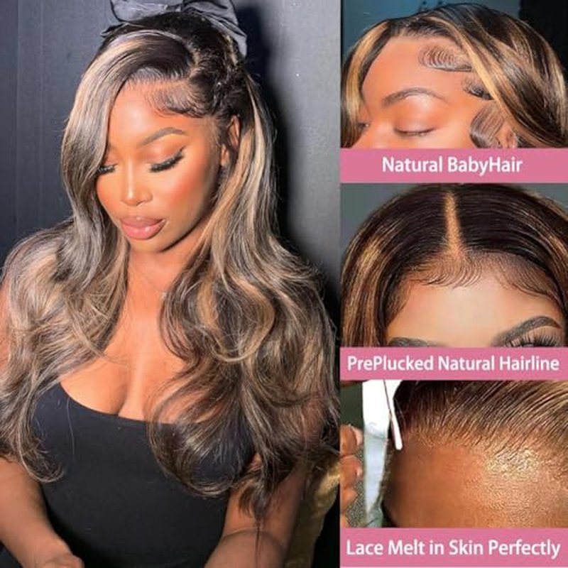 Ombre Lace Front Wig Human Hair 13x6 HD Transparent Body Wave 24 Inch Lace Frontal Wigs Human Hair Pre Plucked 180% Density 1/30 Colored Highlight Lace Front Wig for Women