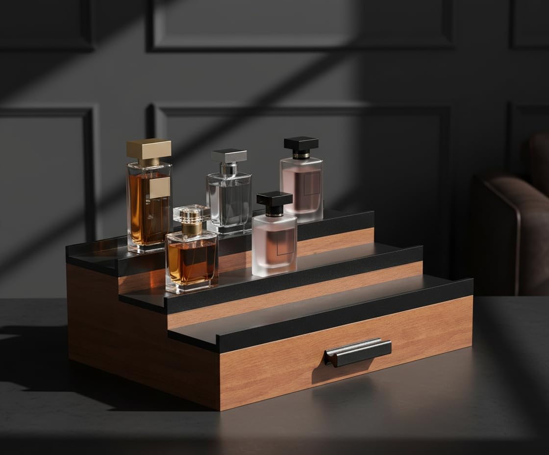Cologne Organizer for Men – Black Wood Cologne Stand with Drawer & Storage, 3 Tier Perfume Display Holder for Bedroom, Office, Bathroom – Ideal Gift for Men, Father, Husband
