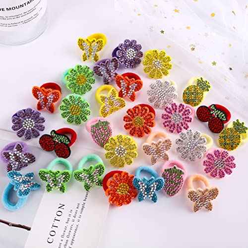 Fishdown 30 Pcs Glitter Hair Ties for Girls Sequin Hair Ties for Toddlers Seamless Small Ponytail Holders Rhinestone Sequin Sparkle Flower Butterfly cartoon Elastic Rubber Bands for Kids