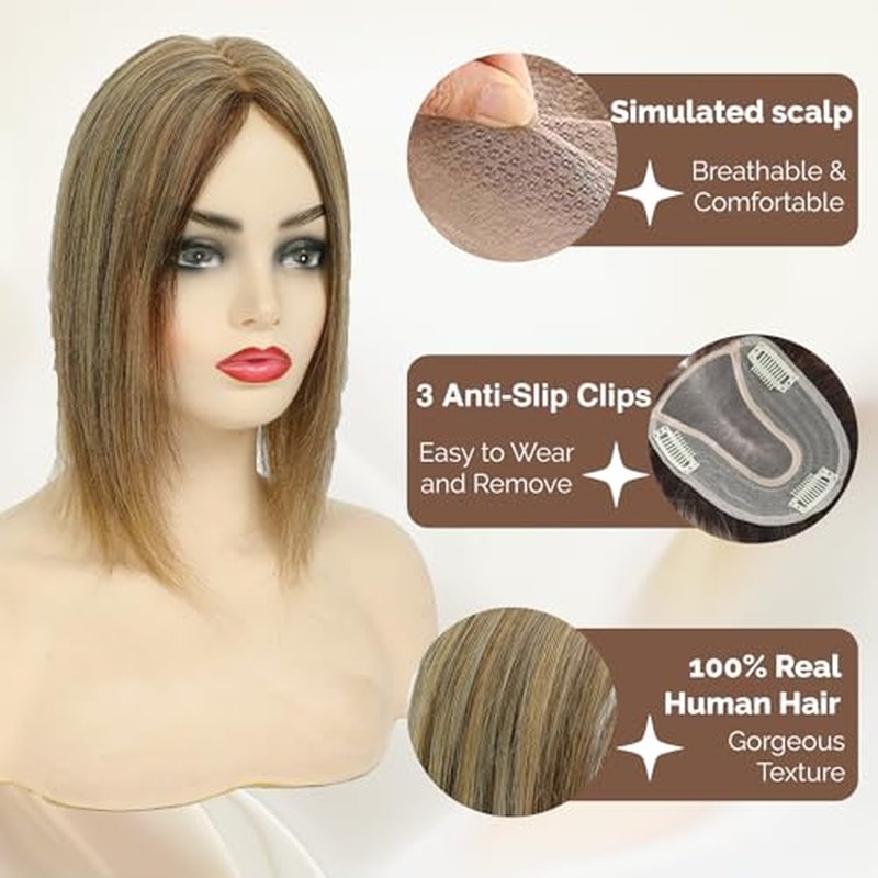 Hair Toppers with Thinning Hair 100% Real Human Topper for Women 12 inch Medium Brown Mix blonde Hairpieces for Women 120% Density top toppers Hairpieces for Thinninghair#427