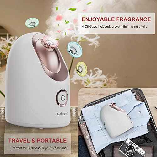 Newbealer Facial Steamer, Mini Aroma Face Steamer, Nano Ionic Hot Mist Face Humidifier for Facial Deep Cleaning, Home Sauna Spa Sprayer with 9 Pieces Acne Remover Kit (White-Gold, 160 ML)