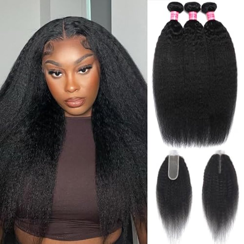 Kinky Straight Bundles with 2x6 Closure (16 18 20+14) 100% Unprocessed Yaki Straight 3 Bundles with Lace Closure Sew in Natural Color for Black Women