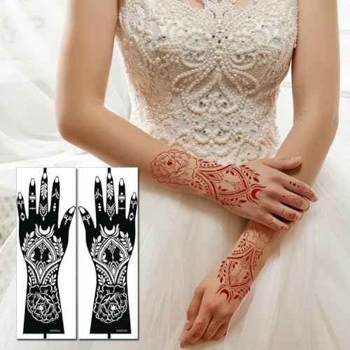 XMASIR Henna Tattoo Stencils Kit, 12 Sheets Temporary Stickers Hand Forearm Glitter Airbrush DIY Tattoo Template for Women and Girls (Black)