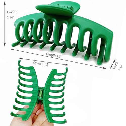 Solid Green Large Hair Claw Clips for Thick/Fine/Thin Hair,Strong holding teeth interlocking Women Jaw Clips for Hair 3 Count In set green hair clips for patrick's day (Green)